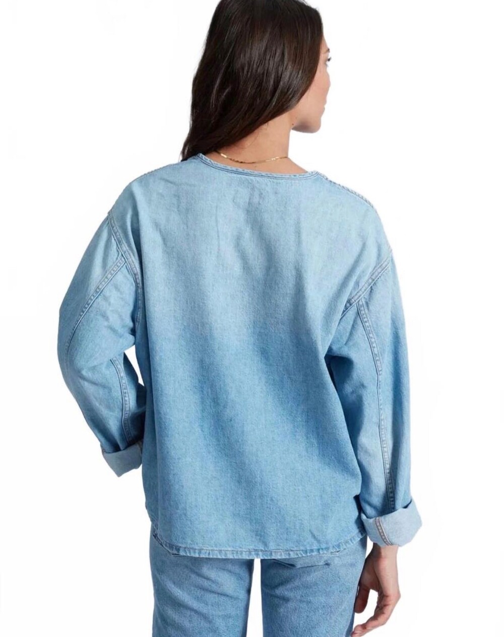ASKK NY Denim Jackson Henley Top Long Sleeve Size 2 M Light Wash Cotton Linen - Picture 4 of 6